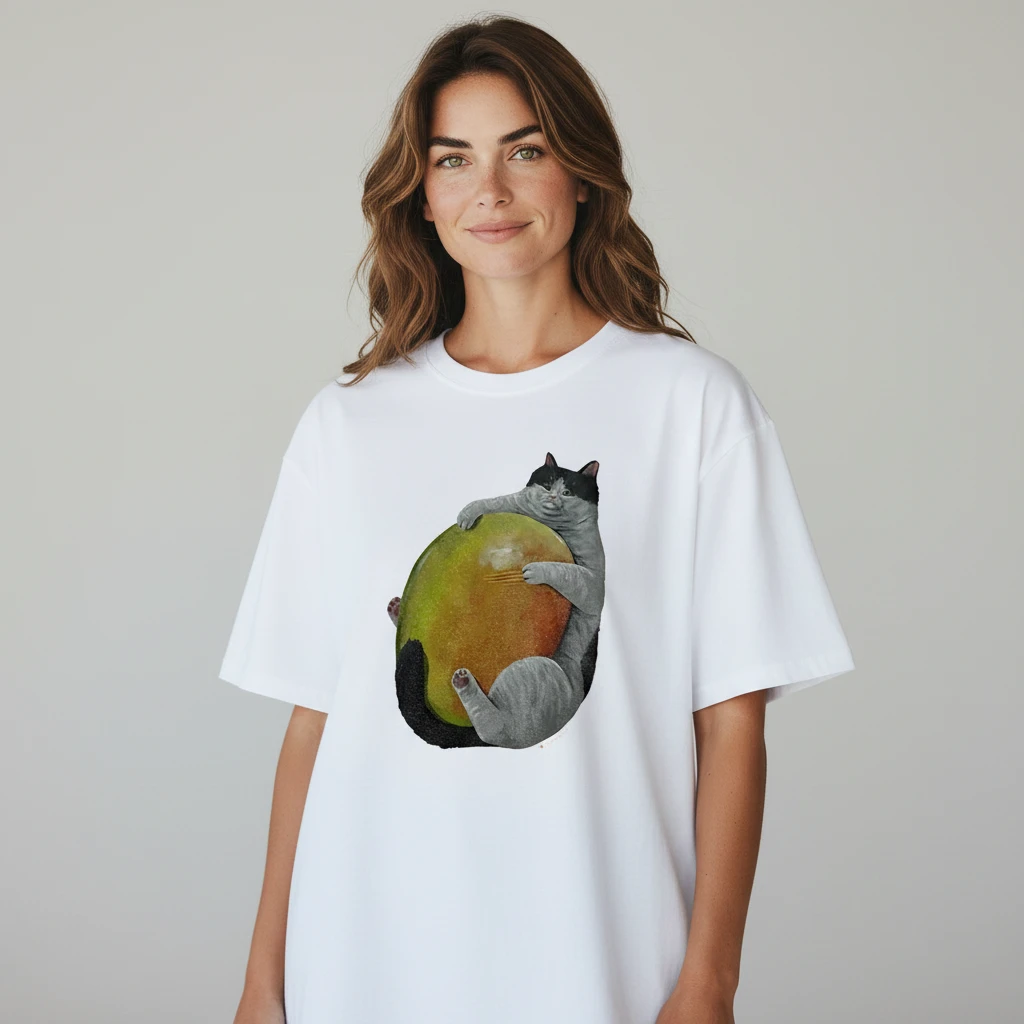 Cat Hugging a Mango Graphic Tee, Cute Whimsical Cat Mango Shirt Gift for Cat Lovers available at our Los Angeles warehouse