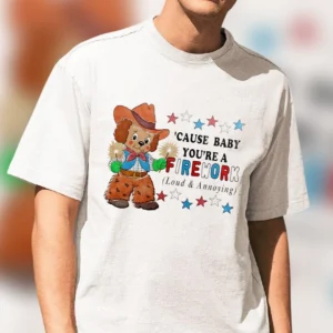 'Cause Baby You're A Firework Loud And Annoying Retro Cowboy Bear Tee, Funny 4th Of July Sarcastic Graphic T-Shirt