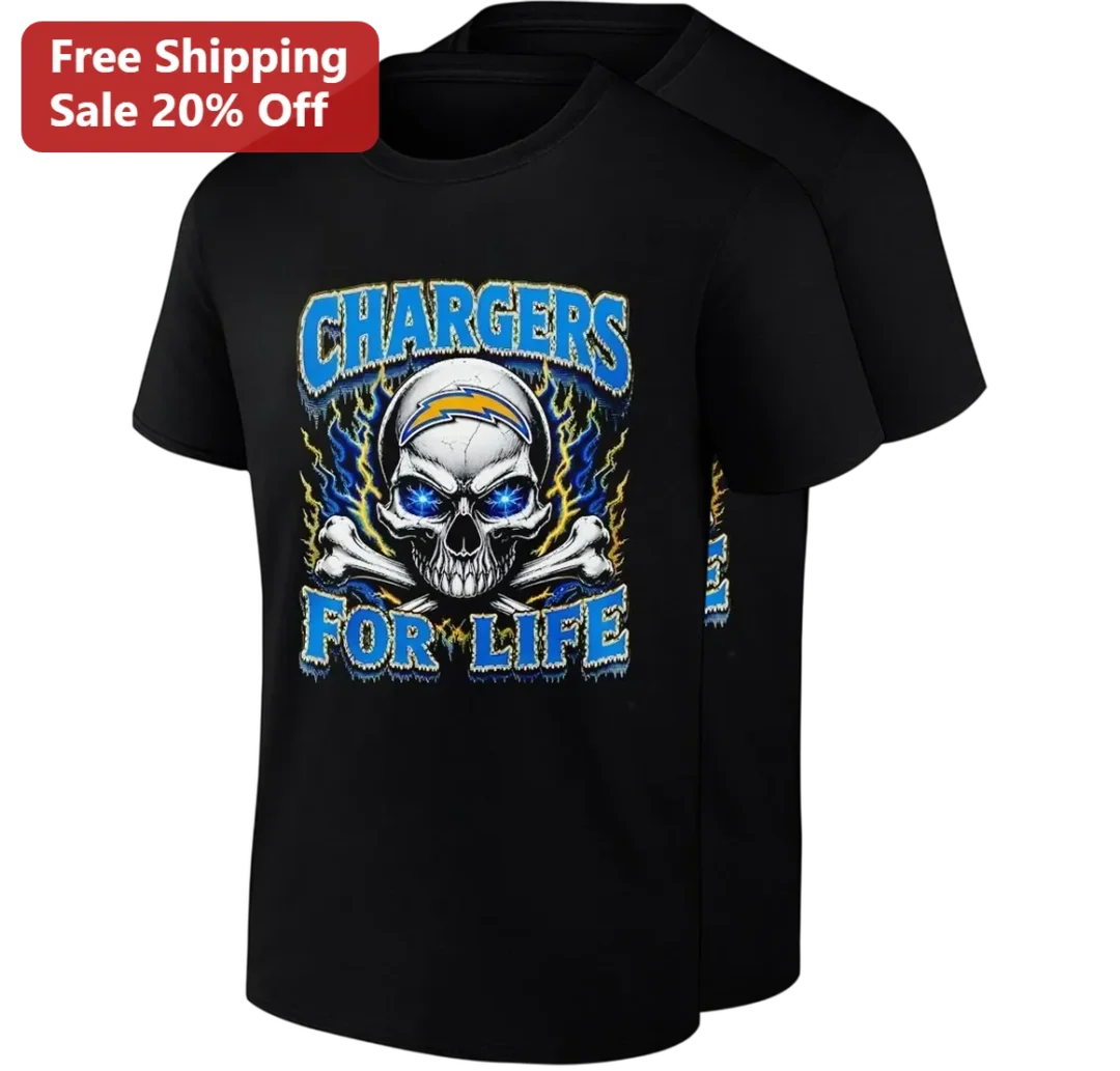 Chargers For Life Tee, Los Angeles Chargers Skull Football Shirt, NFL Fan Gift for Men and Women available at our Los Angeles warehouse