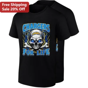 Chargers For Life Tee, Los Angeles Chargers Skull Football Shirt, NFL Fan Gift for Men and Women available at our Los Angeles warehouse