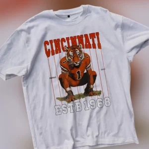 Cincinnati ESTB 1968 Tee Vintage Football Tiger Mascot Sports Graphic T-Shirt available at our Los Angeles warehouse