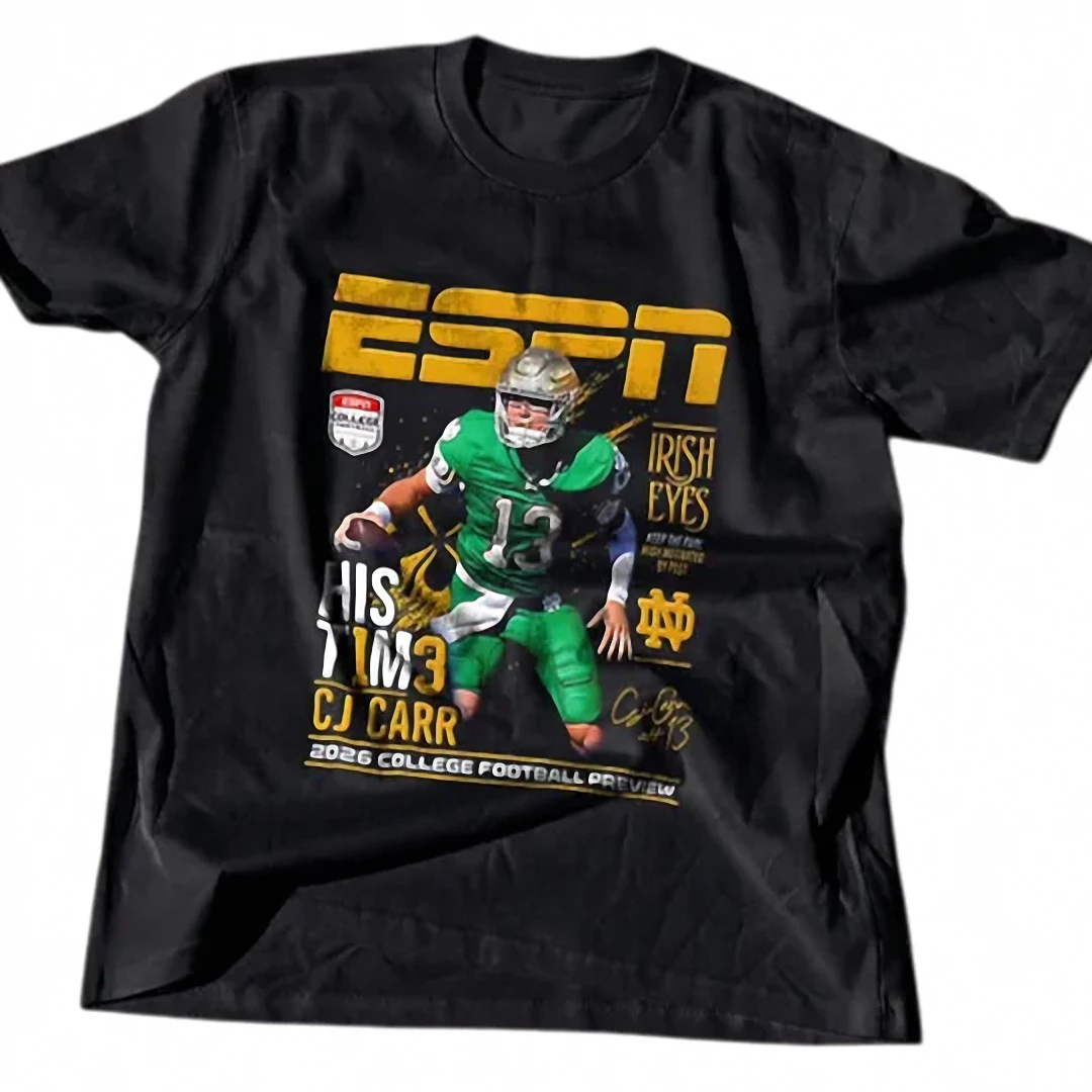 CJ Carr Irish Eyes His Time Tee, 2026 College Football Previ — Los Angeles CJ Carr Irish Eyes His Time Tee, 2026 College Football Preview Notre Dame Sports Graphic Shirt available at our Los Angeles warehouse