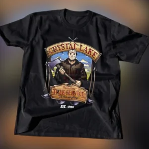 Crystal Lake Voorhees Tree Service Tee Funny Horror Parody Slasher Graphic T-Shirt available at our Los Angeles warehouse