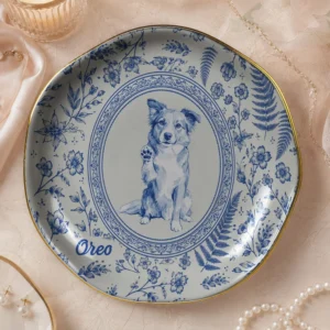Custom Pet Portrait Ceramic Ring Dish Toile Floral Jewelry Trinket Tray Personalized Keepsake Gift for Pet Lovers