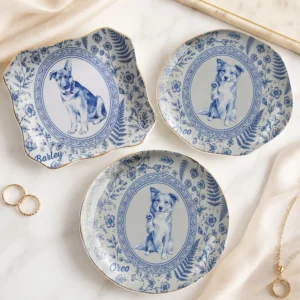 Custom Pet Portrait Ceramic Ring Dish Toile Floral Jewelry Trinket Tray Personalized Keepsake Gift for Pet Lovers