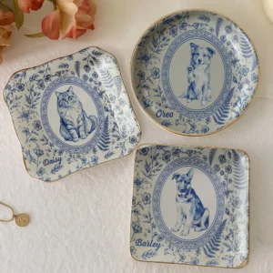 Custom Pet Portrait Ceramic Ring Dish Toile Floral Jewelry Trinket Tray Personalized Keepsake Gift for Pet Lovers