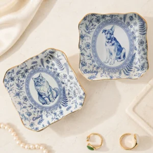 Custom Pet Portrait Ceramic Ring Dish Toile Floral Jewelry Trinket Tray Personalized Keepsake Gift for Pet Lovers