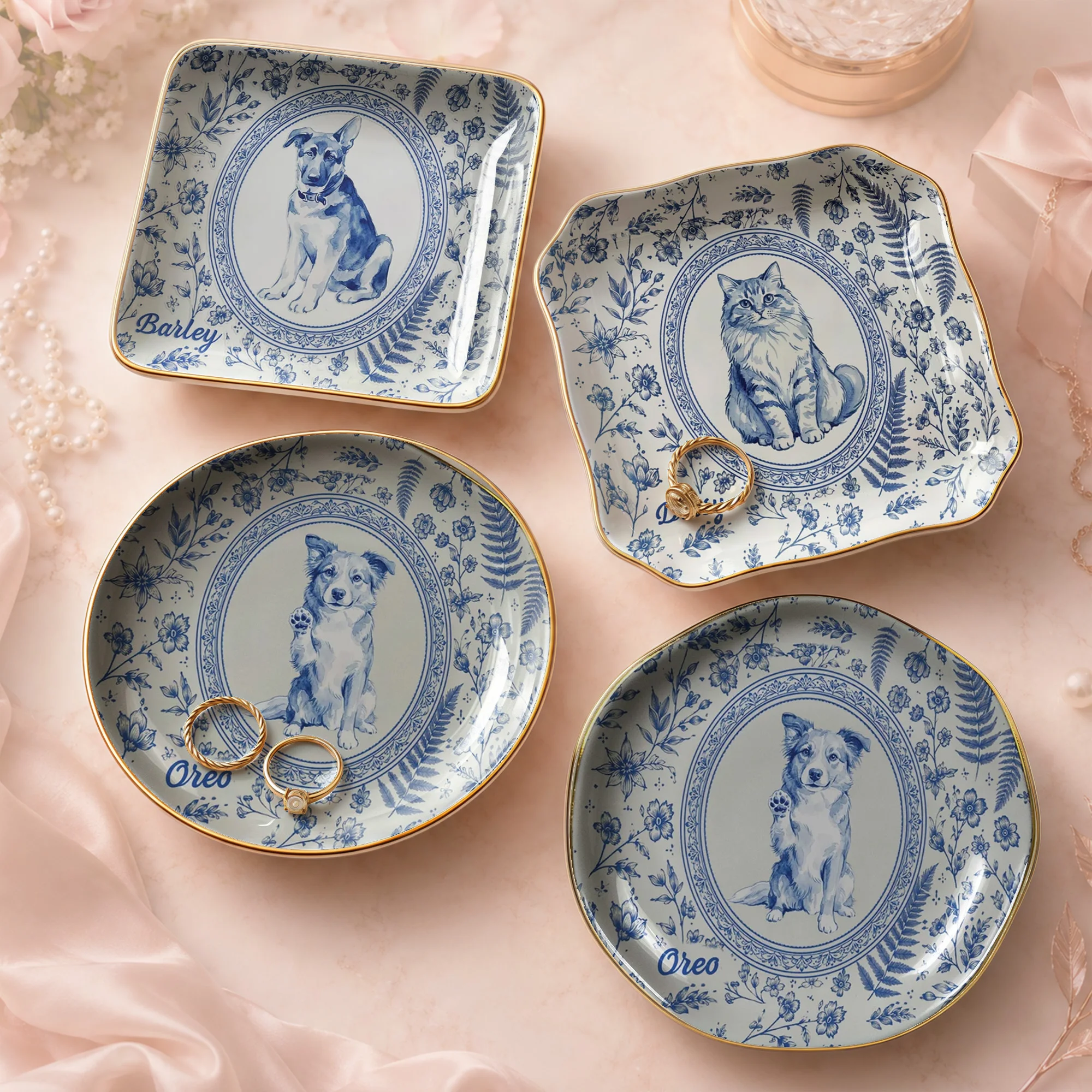 Custom Pet Portrait Ceramic Ring Dish Toile Floral Jewelry Trinket Tray Personalized Keepsake Gift for Pet Lovers