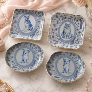 Custom Pet Portrait Ceramic Ring Dish Toile Floral Jewelry Trinket Tray Personalized Keepsake Gift for Pet Lovers