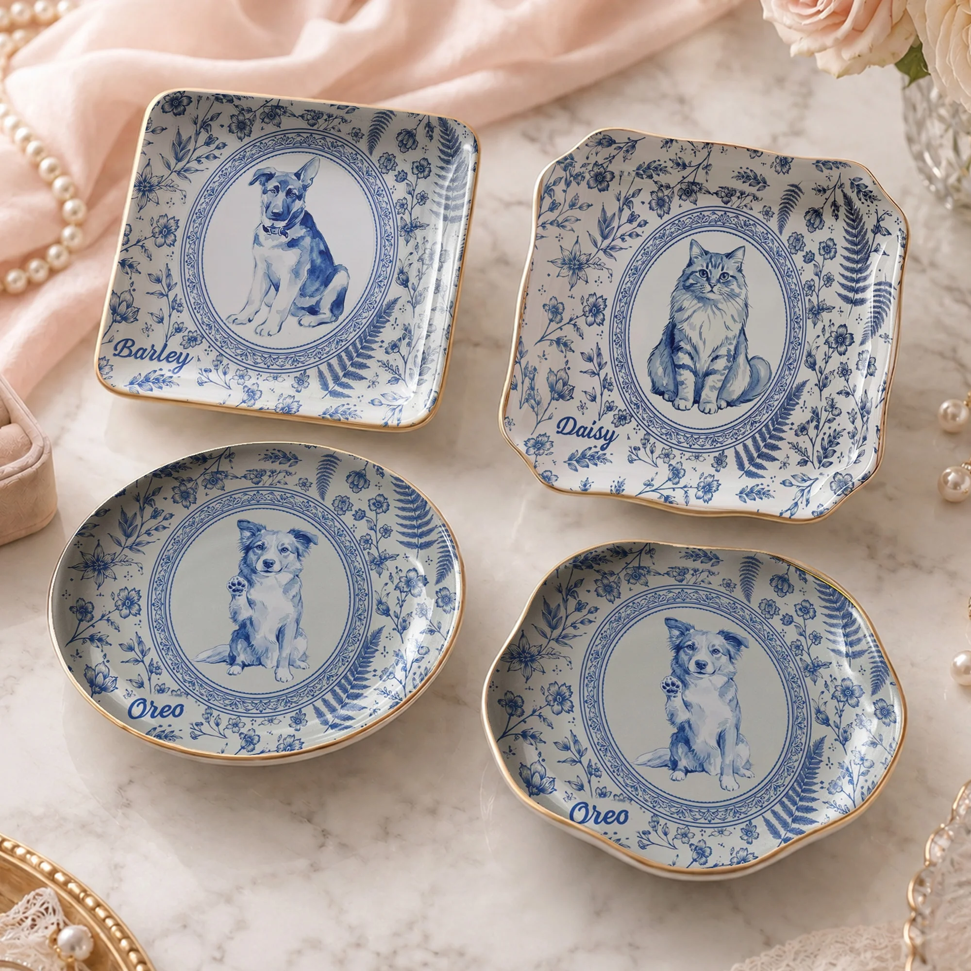 Custom Pet Portrait Ceramic Ring Dish Toile Floral Jewelry Trinket Tray Personalized Keepsake Gift for Pet Lovers