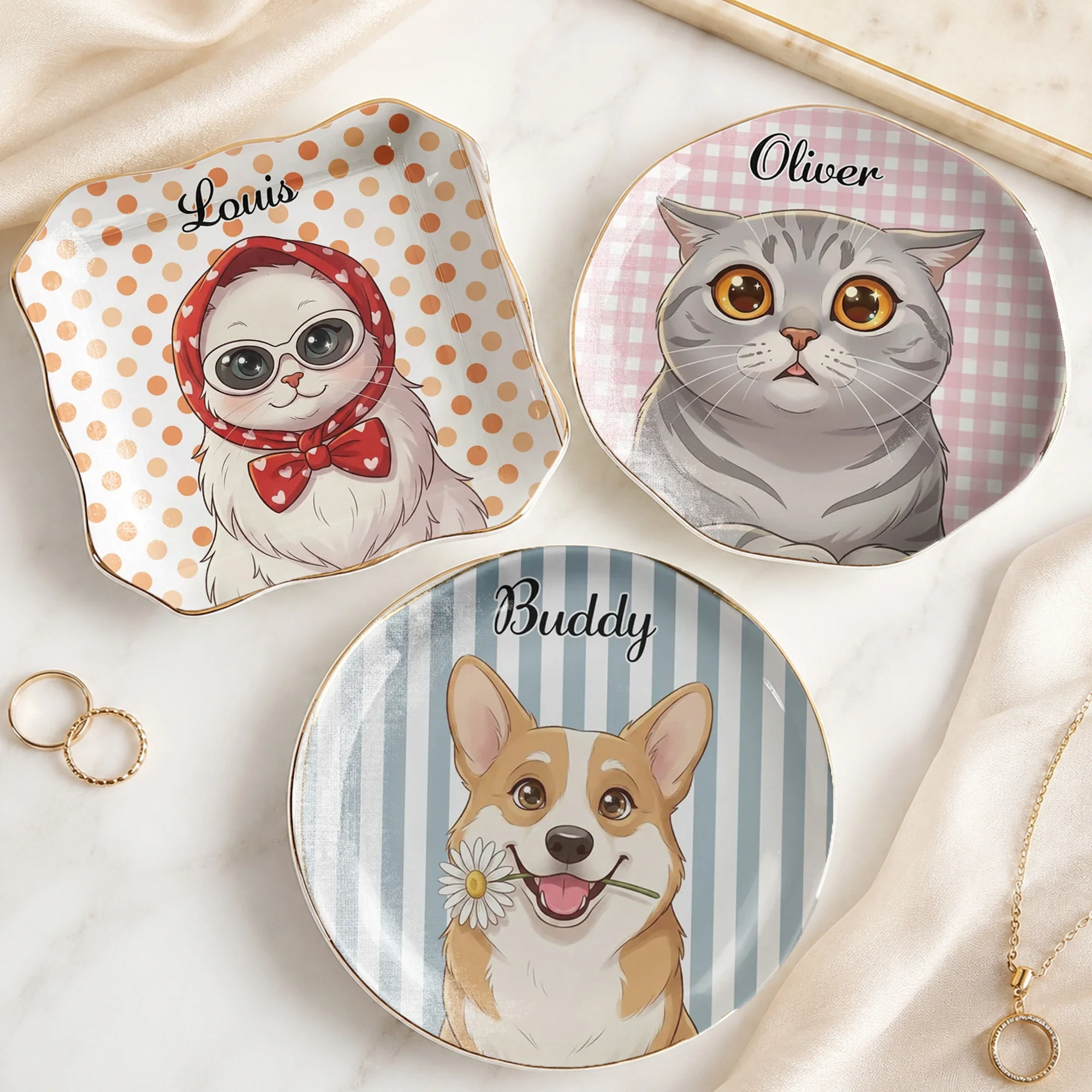 Cute Headscarf Cat Trinket Dish Ceramic Ring Dish Jewelry Tray Decor