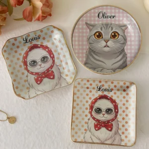 Cute Headscarf Cat Trinket Dish Ceramic Ring Dish Jewelry Tray Decor