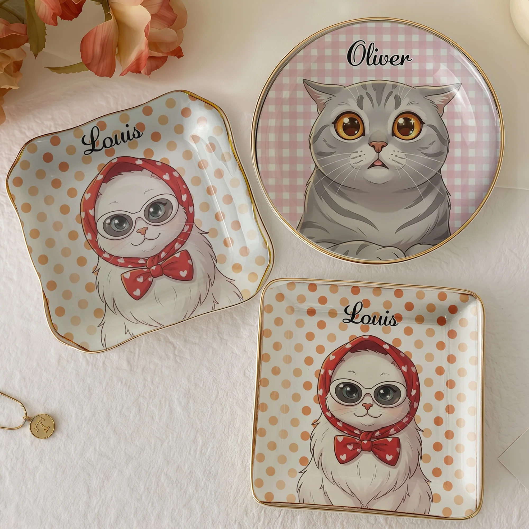 Cute Headscarf Cat Trinket Dish Ceramic Ring Dish Jewelry Tray Decor