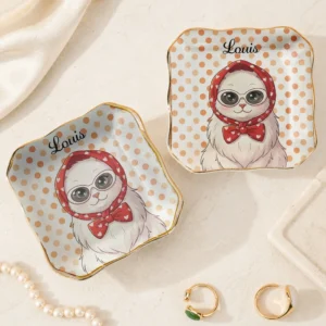 Cute Headscarf Cat Trinket Dish Ceramic Ring Dish Jewelry Tray Decor