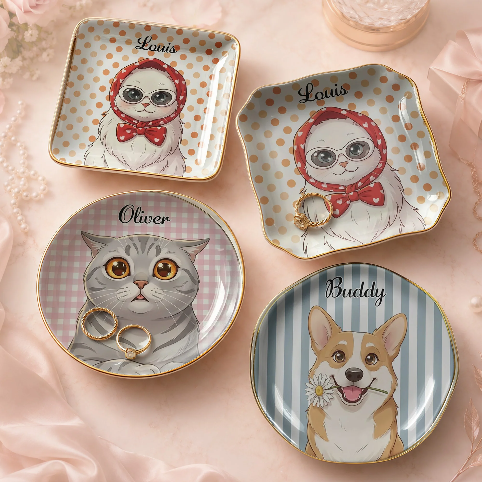 Cute Headscarf Cat Trinket Dish Ceramic Ring Dish Jewelry Tray Decor