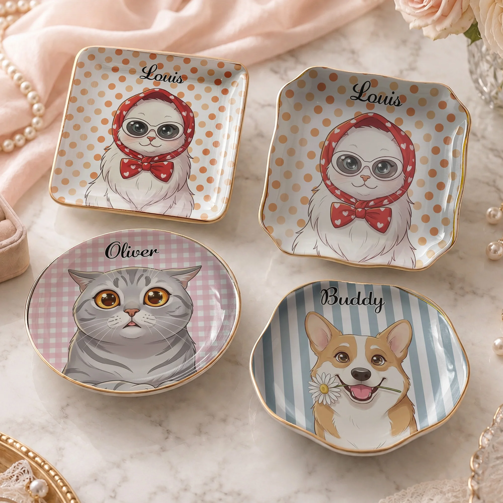 Cute Headscarf Cat Trinket Dish Ceramic Ring Dish Jewelry Tray Decor