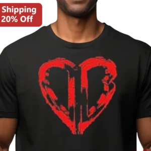 Distressed Red Heart Graphic Tee, Minimalist Grunge Heart Shirt for Men, Romantic Urban Style Gift available at our Los Angeles warehouse