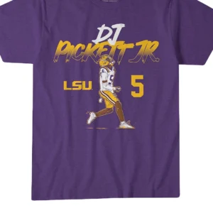 DJ Pickett Jr LSU Football Tee, Number 5 College Sports Fan Graphic T-Shirt available at our Los Angeles warehouse