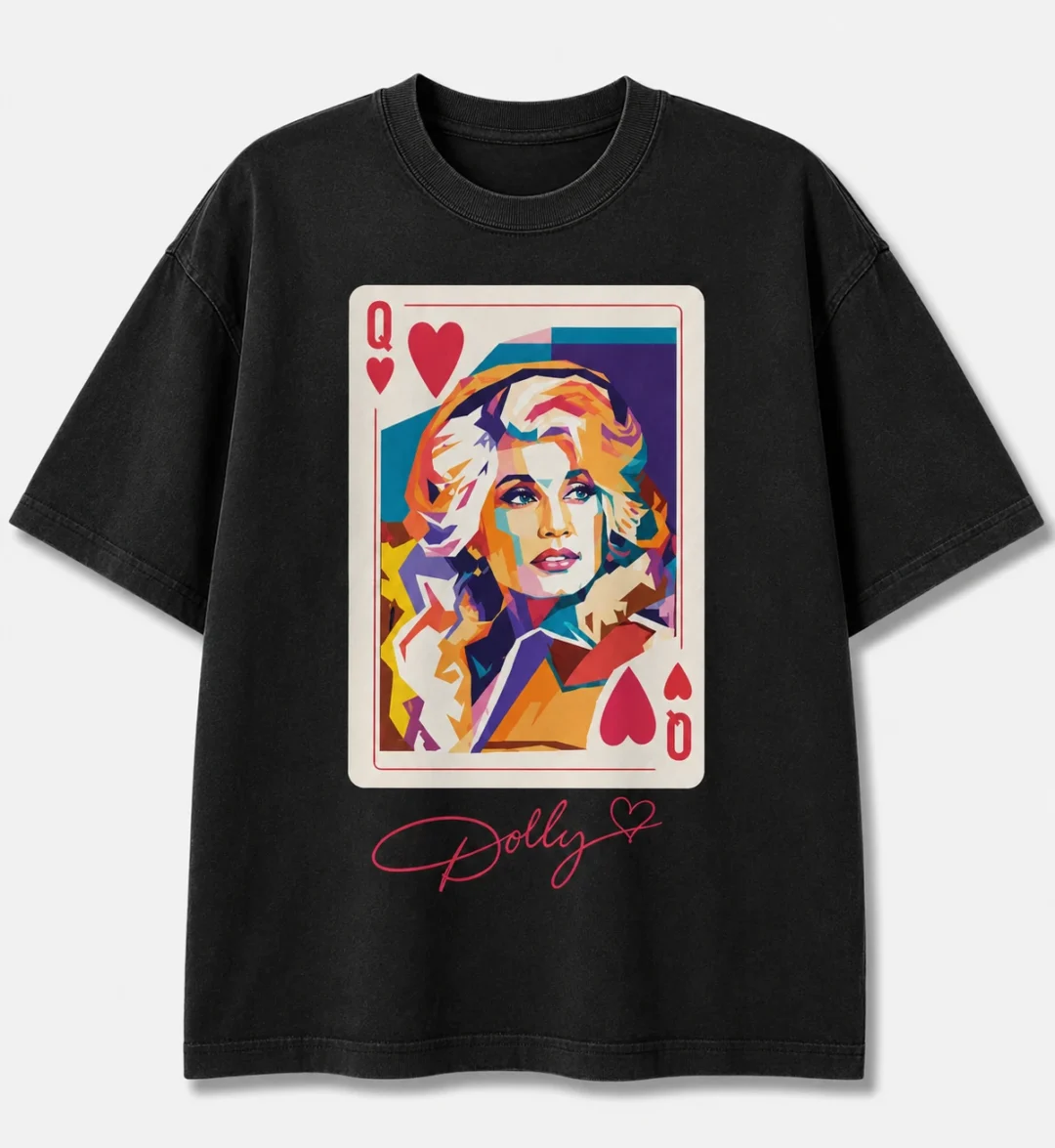 Dolly Tee Queen of Hearts Pop Art Graphic T-Shirt, Vintage Dolly Parton Signature Music Lover Appare available at our Los Angeles warehouse