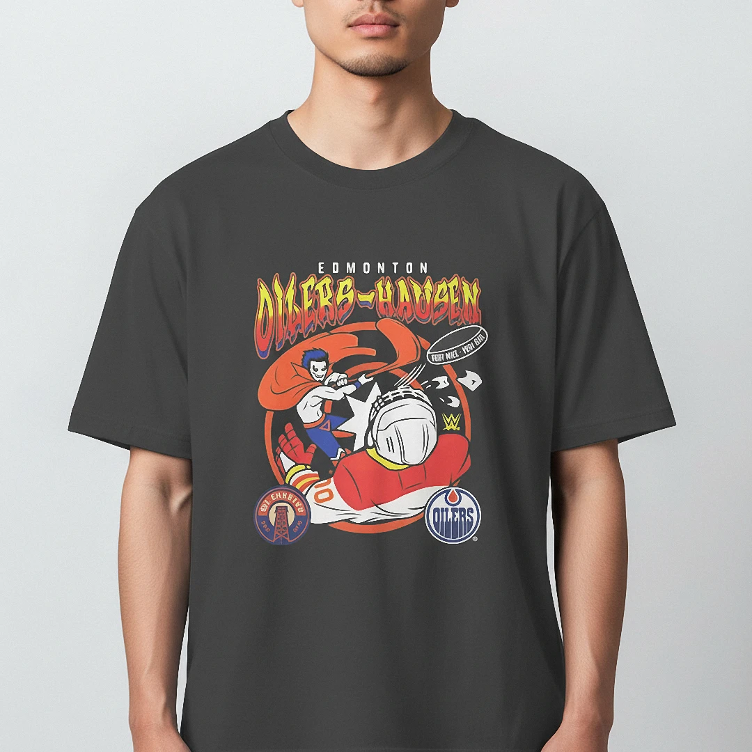 Edmonton Oilers-Hausen Tee Danhausen Vintage Hockey Mashup Graphic Shirt available at our Los Angeles warehouse