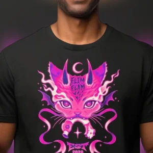 Flim Flam Est 2020 Devil Cat Tee, Neon Goth Occult Graphic Shirt for Men and Women, Dark Fantasy Streetwear Gift