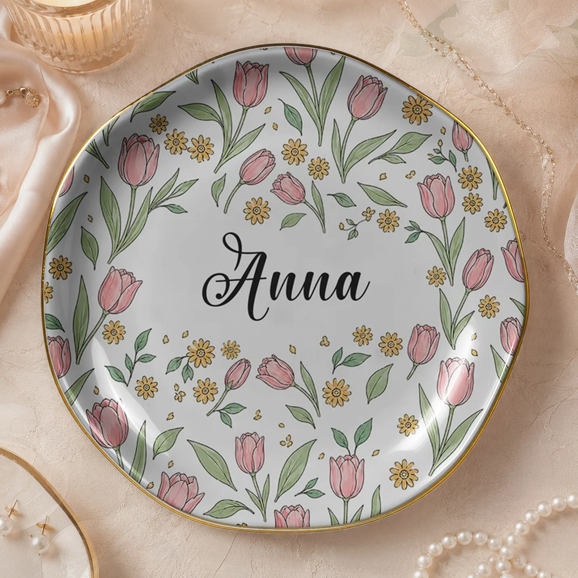 Floral Ceramic Trinket Dish Personalized Ring and Jewelry Catchall Dish, Custom Vanity Decor Gift for Her