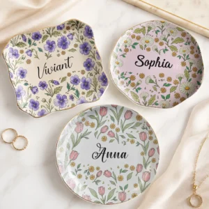 Floral Ceramic Trinket Dish Personalized Ring and Jewelry Catchall Dish, Custom Vanity Decor Gift for Her