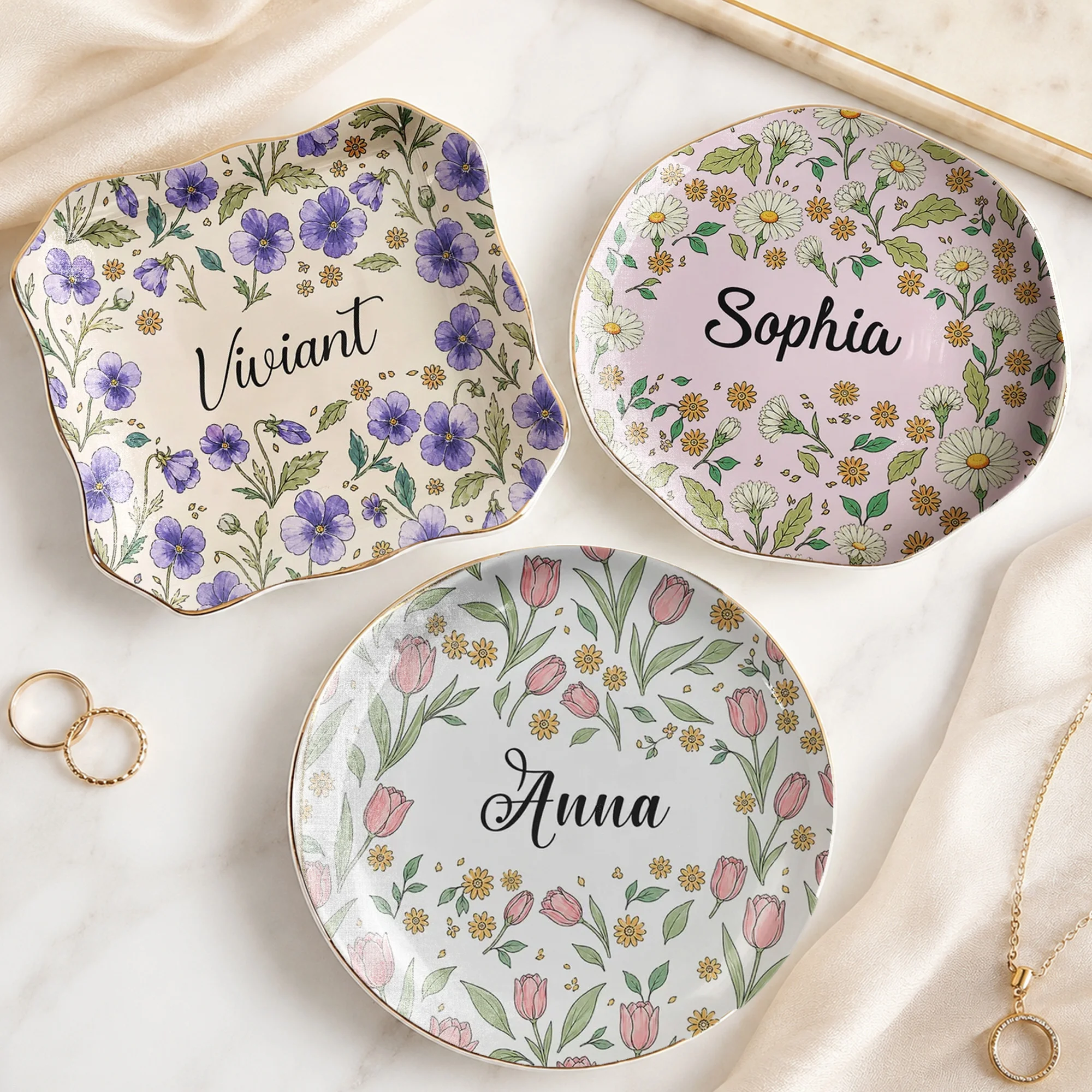 Floral Ceramic Trinket Dish Personalized Ring and Jewelry Catchall Dish, Custom Vanity Decor Gift for Her