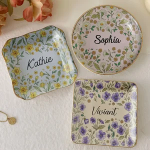 Floral Ceramic Trinket Dish Personalized Ring and Jewelry Catchall Dish, Custom Vanity Decor Gift for Her