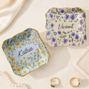 Floral Ceramic Trinket Dish Personalized Ring and Jewelry Catchall Dish, Custom Vanity Decor Gift for Her