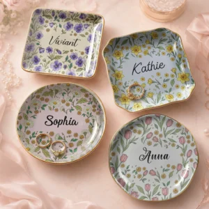 Floral Ceramic Trinket Dish Personalized Ring and Jewelry Catchall Dish, Custom Vanity Decor Gift for Her