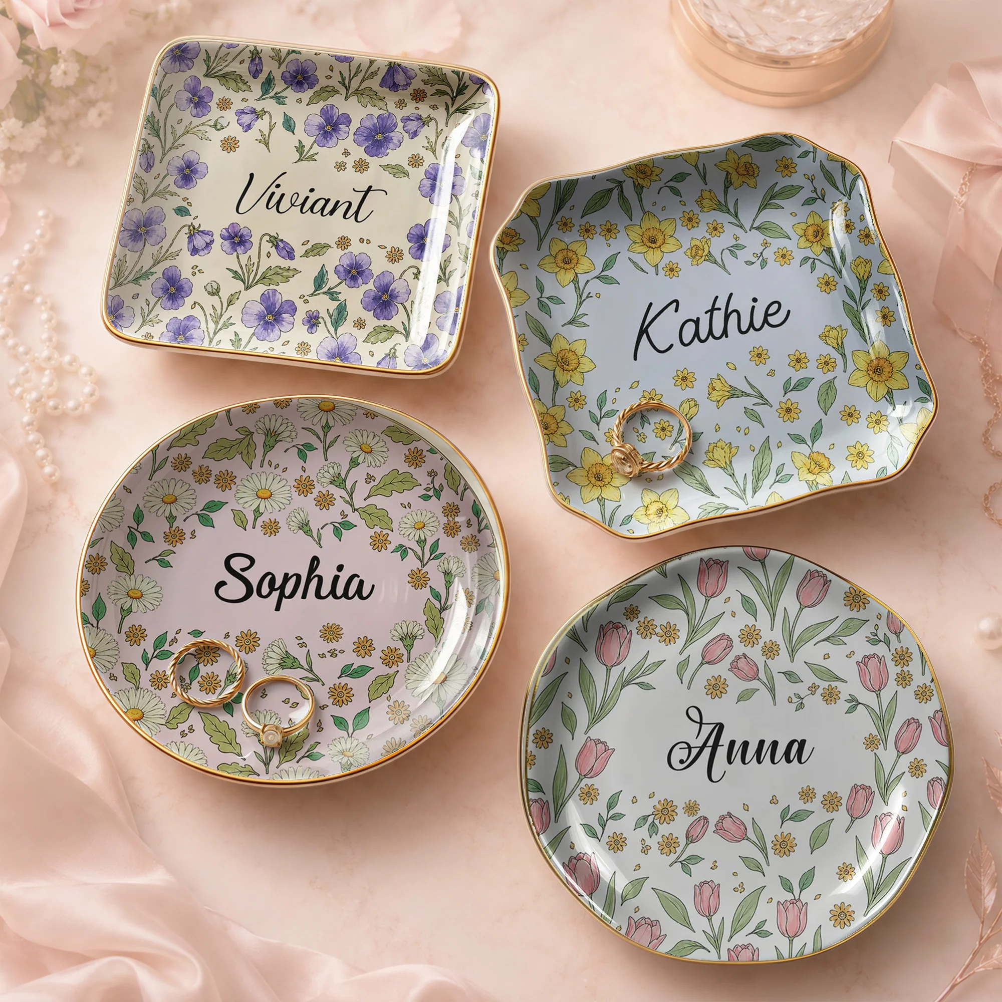 Floral Ceramic Trinket Dish Personalized Ring and Jewelry Catchall Dish, Custom Vanity Decor Gift for Her