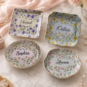 Floral Ceramic Trinket Dish Personalized Ring and Jewelry Catchall Dish, Custom Vanity Decor Gift for Her