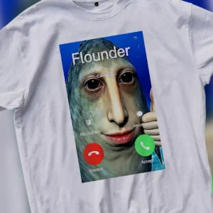 Flounder Calling Funny Fish Meme Tee, Surreal Weirdcore Graphic Shirt for Internet Humor Fans