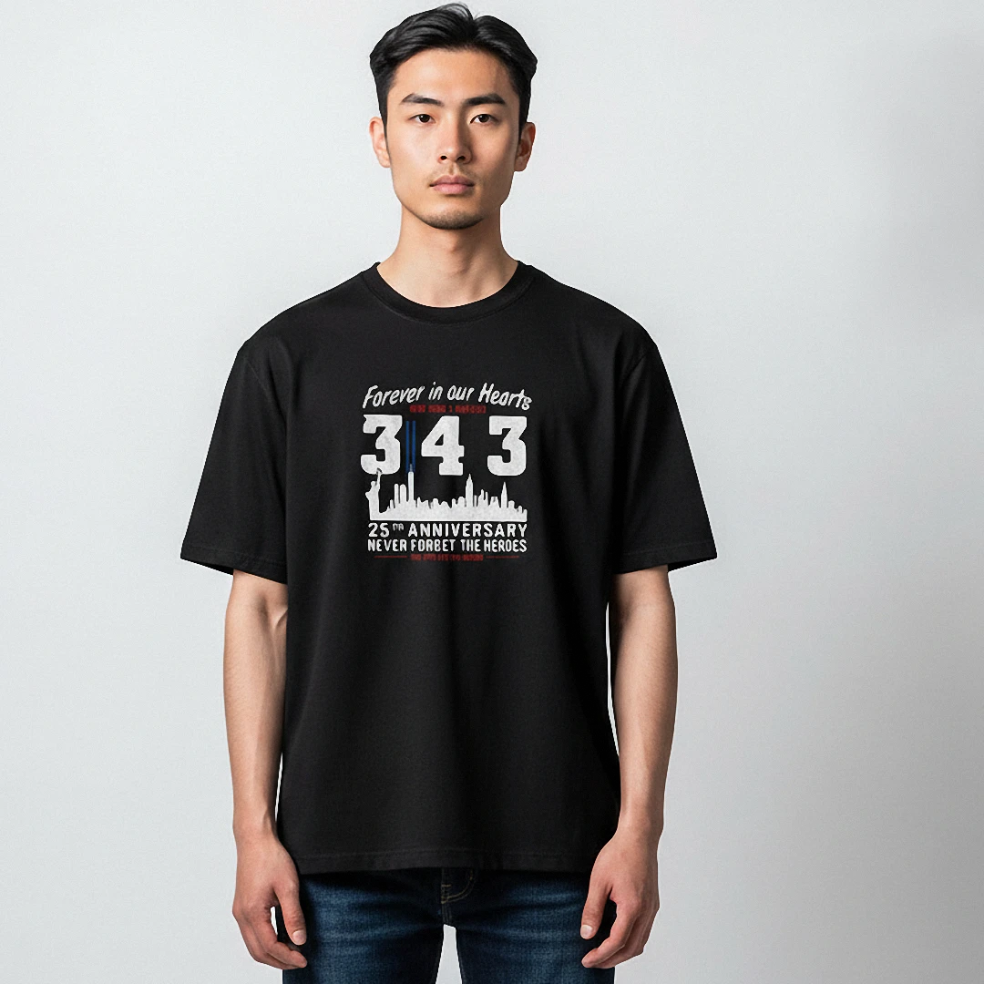 Forever In Our Hearts 25th Anniversary Never Forget The Heroes Tee, 9/11 Firefighter Memorial Graphi available at our Los Angeles warehouse