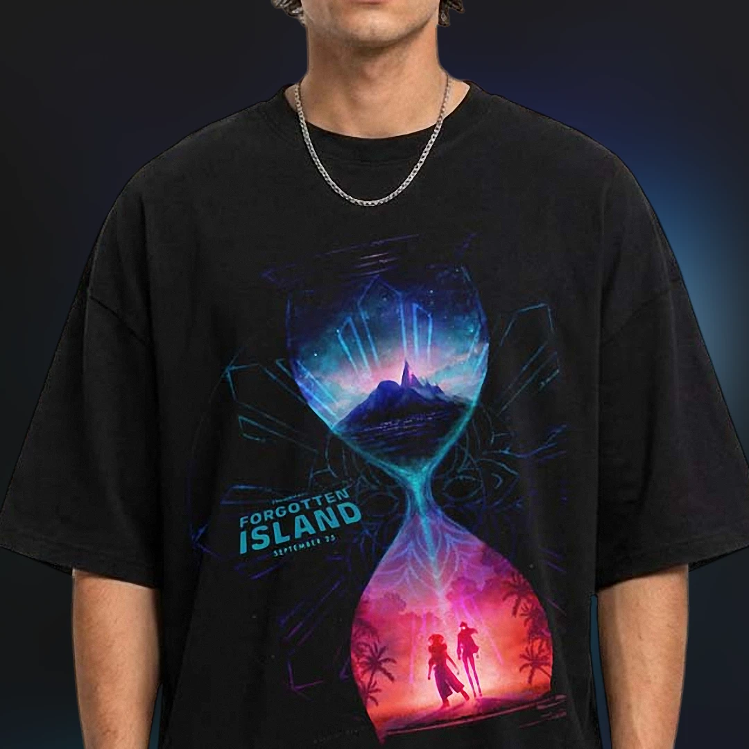 Forgotten Island Hourglass Tee Retro Tropical Surreal Graphic T-Shirt Vacation Aesthetic Adventure A available at our Los Angeles warehouse