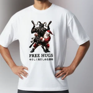 Free Hugs Tee Santa Claus and Krampus Funny Dark Humor Holiday Graphic T-Shirt