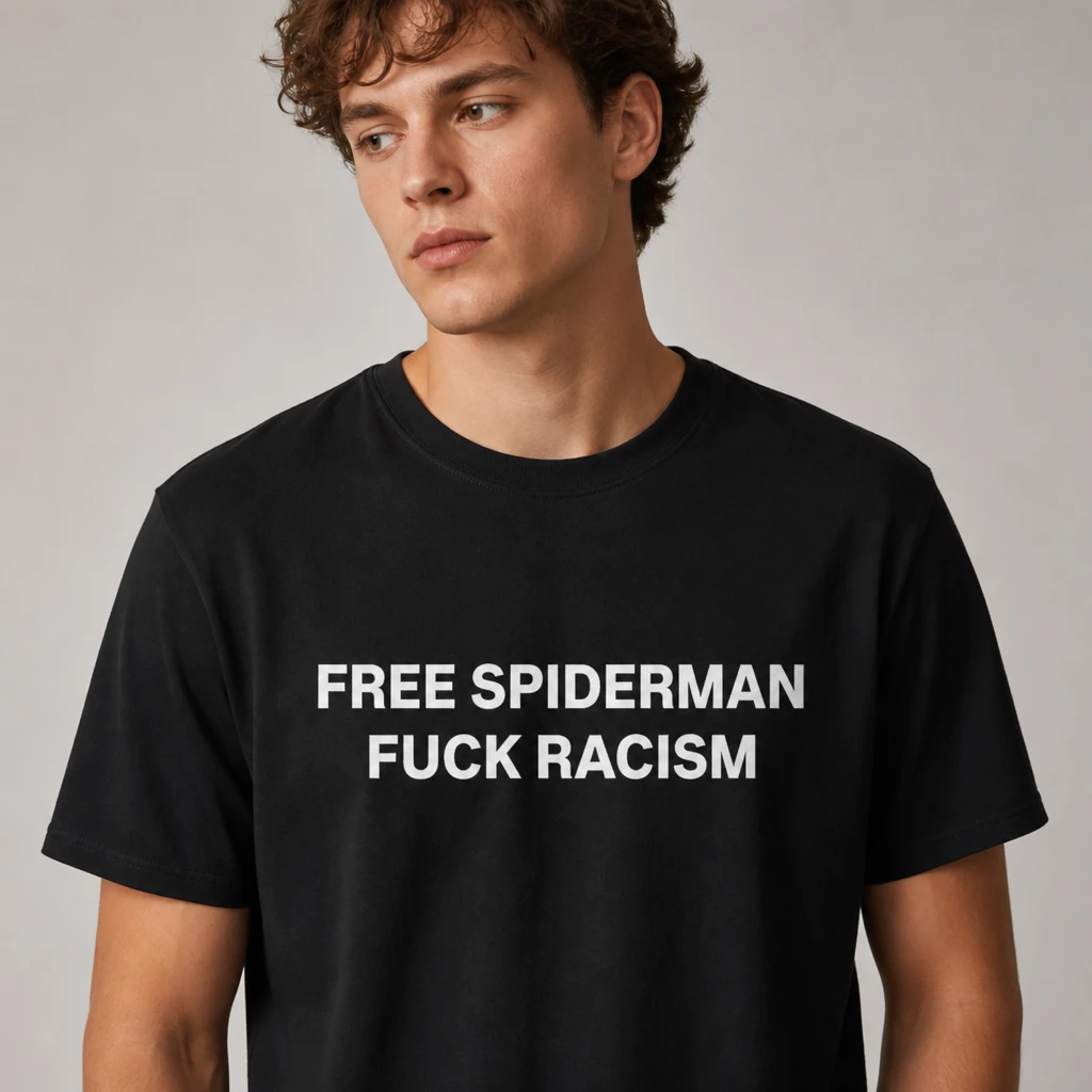 Free Spiderman Fuck Racism Tee Bold Anti Racism Graphic Protest T-Shirt available at our Los Angeles warehouse