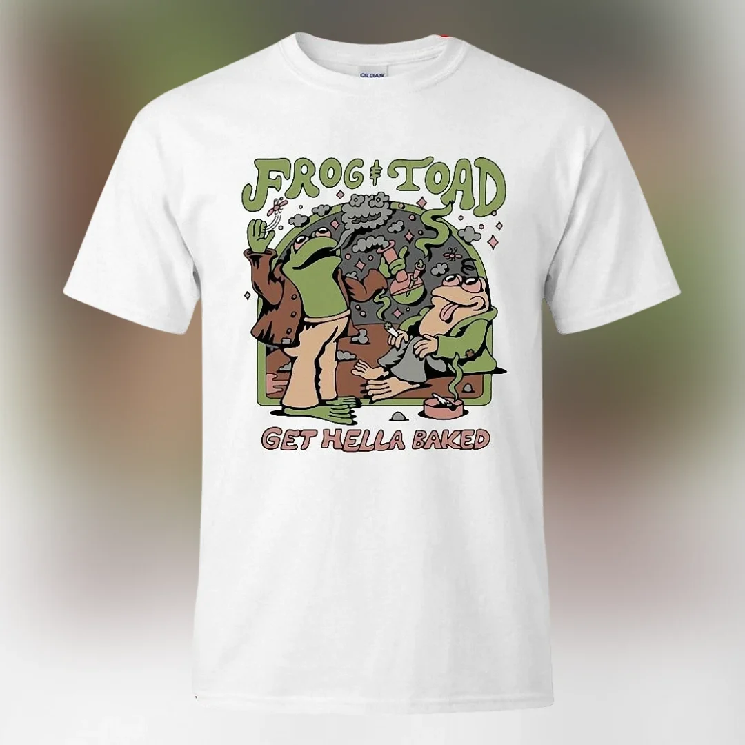 Frog and Toad Get Hella Baked Tee, Funny Retro Weed Graphic T-Shirt, Stoner Humor Parody Shirt available at our Los Angeles warehouse