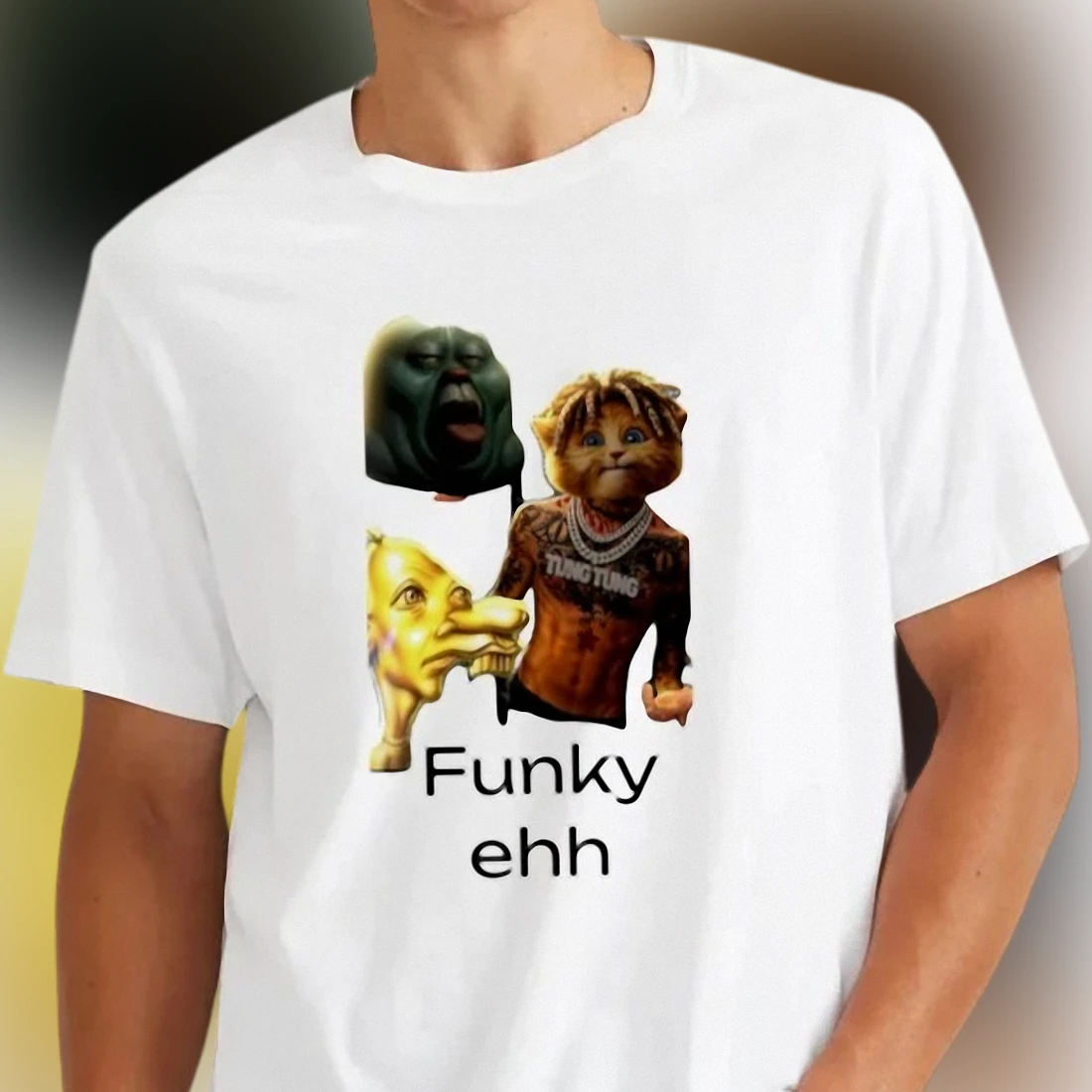 Funky Ehh Tung Tung Cat Meme Graphic Tee, Funny Surrealist Internet Humor T-Shirt Gift for Men and Women