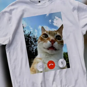 Funny Cat Video Call Selfie Graphic Tee, Pet Lover Meme Shirt Gift for Women and Men