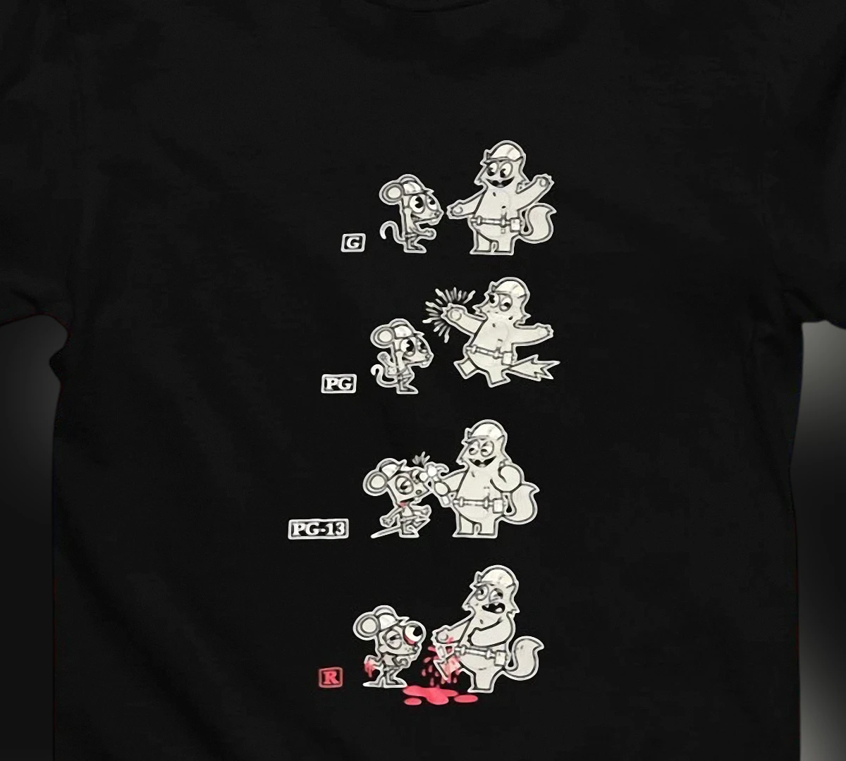 G PG PG-13 R Movie Ratings Tee Funny Dark Humor Cartoon Graphic T-Shirt for Film Lovers