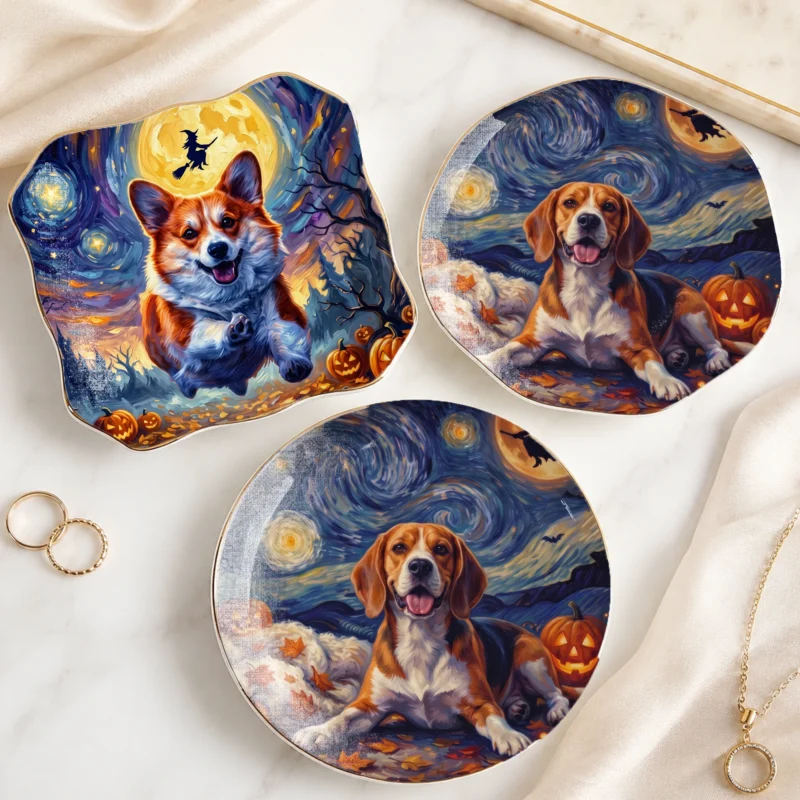Cat and Corgi Halloween Jewelry Dish, Starry Night Ceramic Ring Holder Trinket Tray, Cute Pet Lover Gift