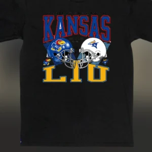 Gameday Showdown Kansas vs LIU Tee Vintage College Football Graphic T-Shirt for Fans available at our Los Angeles warehouse