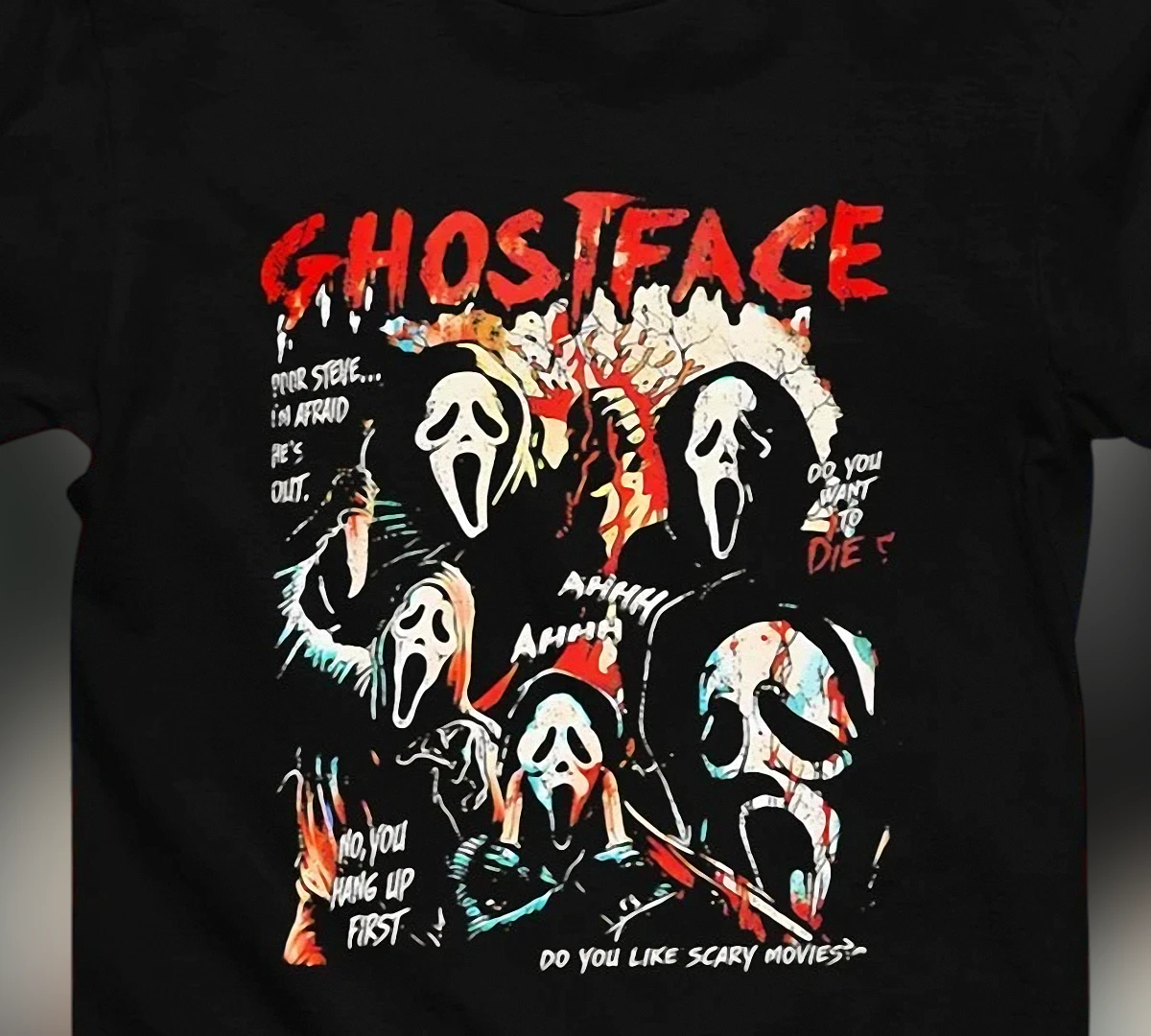Ghostface Scary Movie Graphic Tee, Vintage 90s Slasher Horror Halloween Shirt for Men and Women