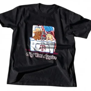 Gig 'Em Aggies Tee Texas A&M Puppies Cooler Graphic T-Shirt for College Football Fans available at our Los Angeles warehouse