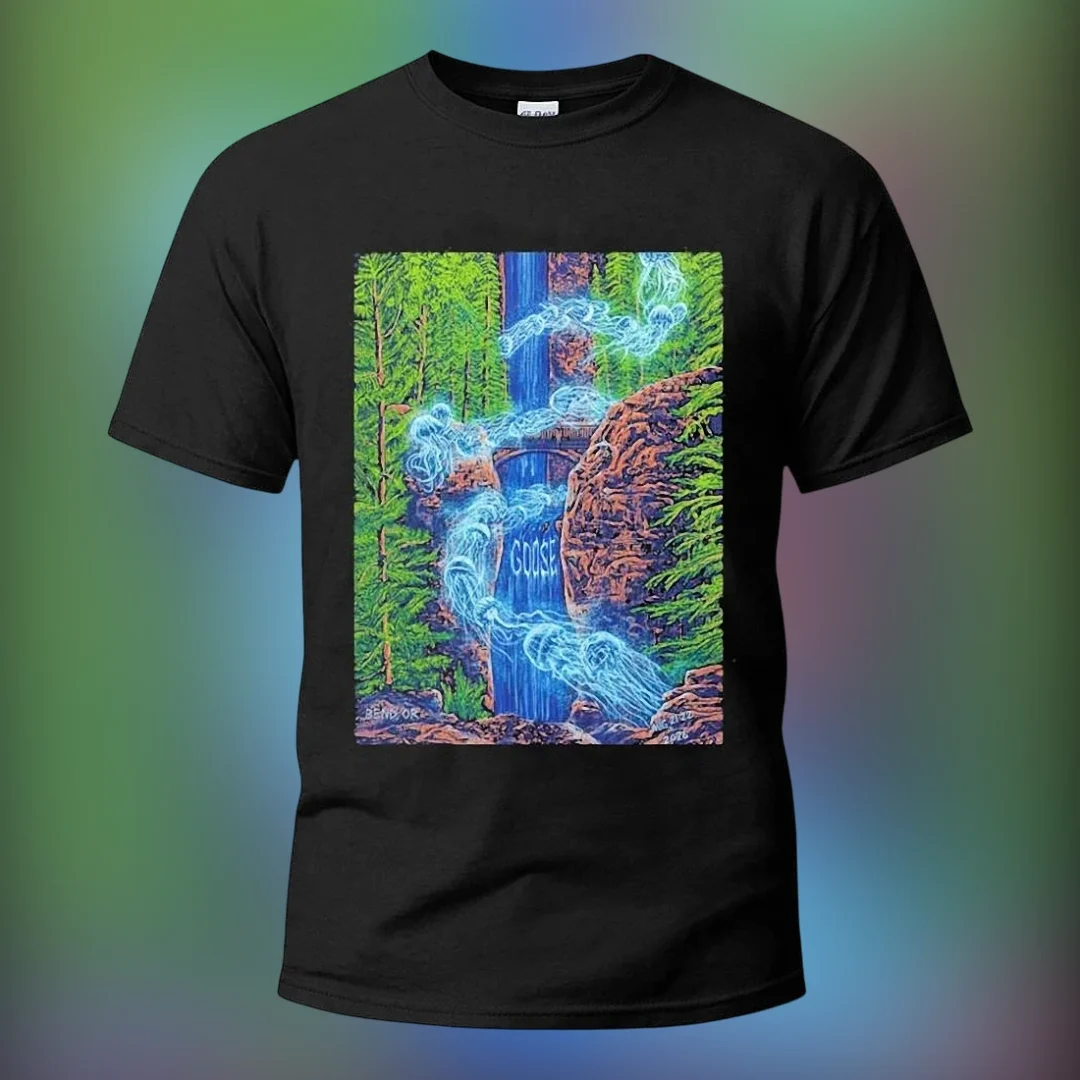 Goose Band Waterfall Jellyfish Tee, Psychedelic Nature Graph — Los Angeles Goose Band Waterfall Jellyfish Tee, Psychedelic Nature Graphic T-Shirt for Music Fans available at our Los Angeles warehouse