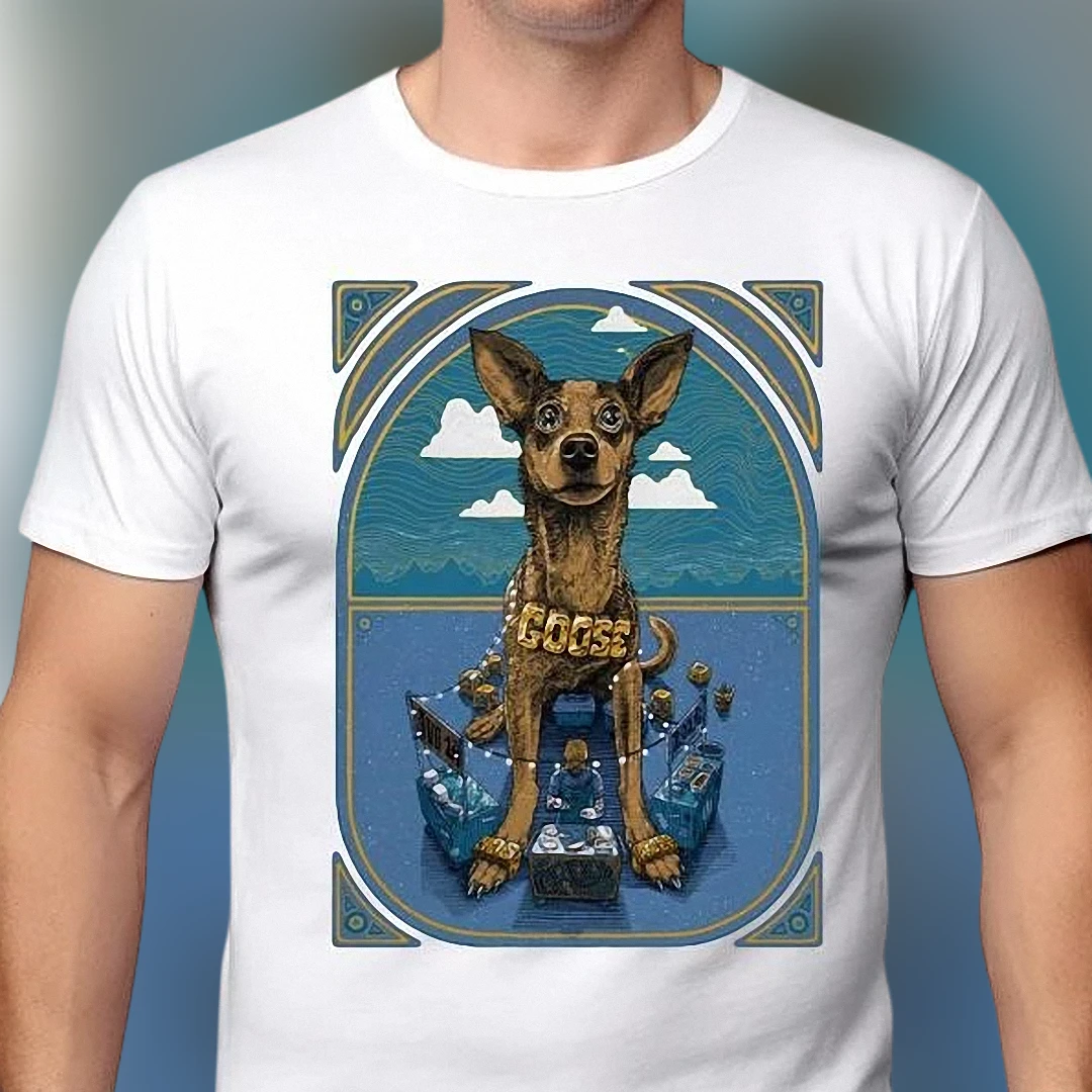 Goose Dog Graphic Tee Vintage Surreal Chihuahua with Gold Chain Art T-Shirt Gift for Music and Pet Lovers