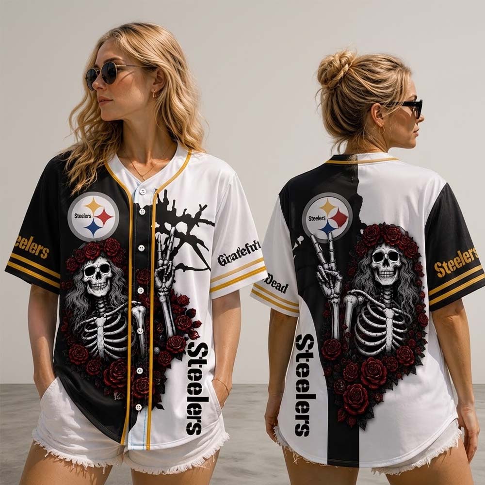 Grateful Dead Baseball Jersey Gothic Skeleton and Roses Peace Sign Split Design Retro Sportswear