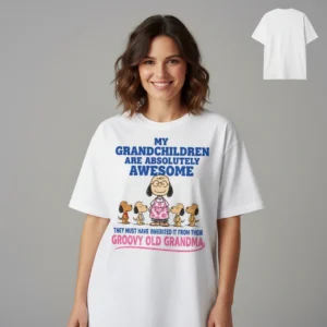 Groovy Old Grandma Awesome Grandchildren Tee Funny Peanuts Style Cartoon Grandmother Gift Shirt available at our Los Angeles warehouse